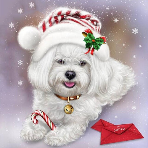 Diamond Painting - Witte Hond met Kerstmuts - Diamond Paradijs