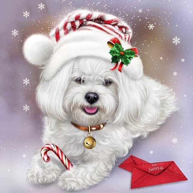 Diamond Painting - Witte Hond met Kerstmuts - Diamond Paradijs
