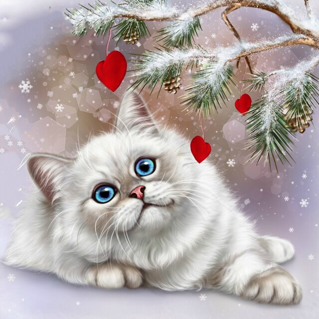 Diamond Painting - Witte Kat met Dennentak - Diamond Paradijs