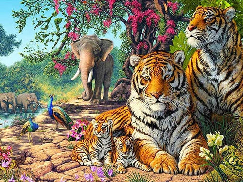 Diamond Painting - Tijgers met Olifanten en Pauwen
