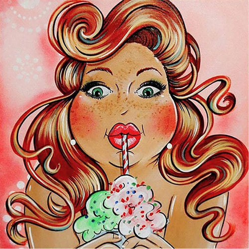 Diamond Painting - Mollige Dame met Milkshake