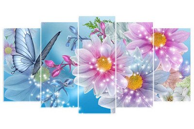 Diamond Painting - Blauwe Vlinder met Roze Bloemen - 5 luik