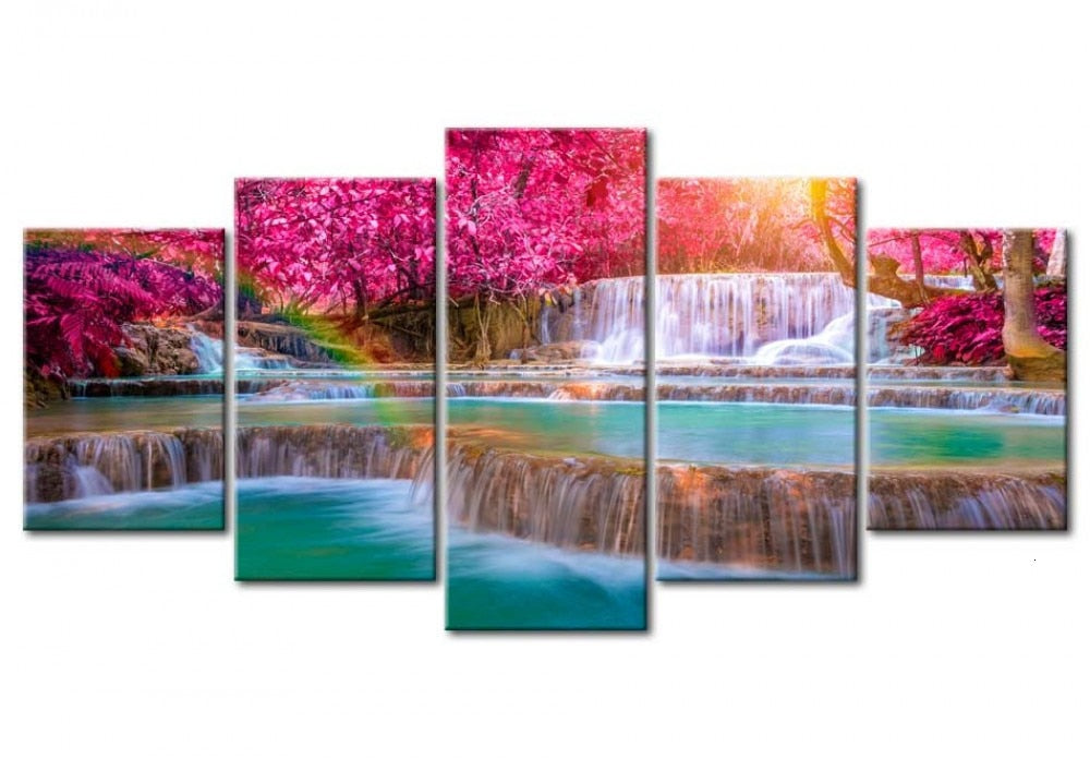 Diamond Painting - Waterval met Roze Boom - 5 Luik