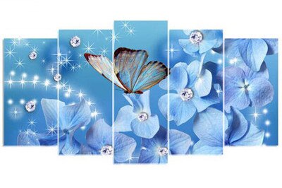 Diamond Painting - Blauwe vlinder met blauwe bloemen 5 luik