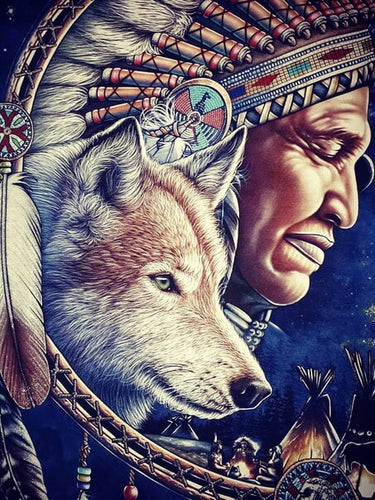 Diamond Painting - Indiaan met Wolf