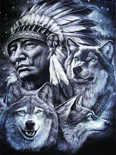 Diamond painting - Indiaan met Wolven