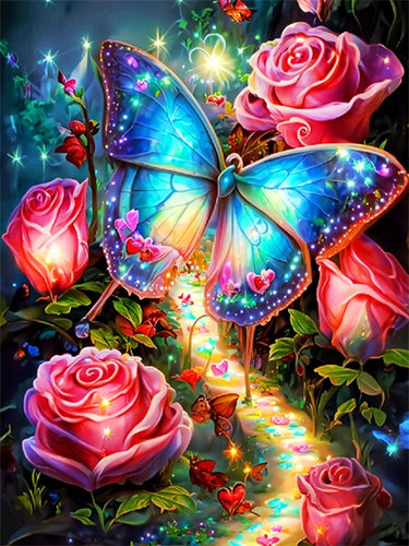 Diamond Painting - Blauwe Vlinder tussen de Rozen