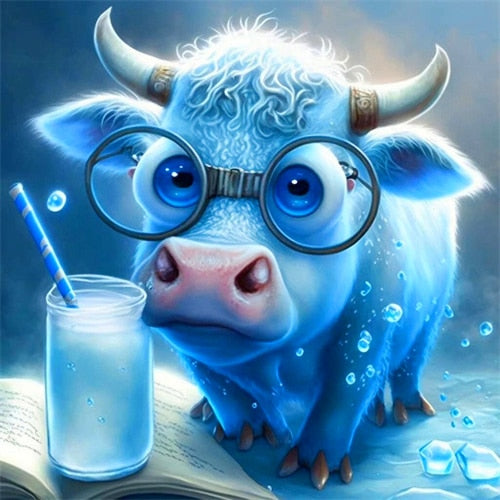 Diamond Painting - Blauwe Koe met Bril