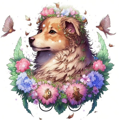 Diamond Painting - Hond met Bloemenkrans