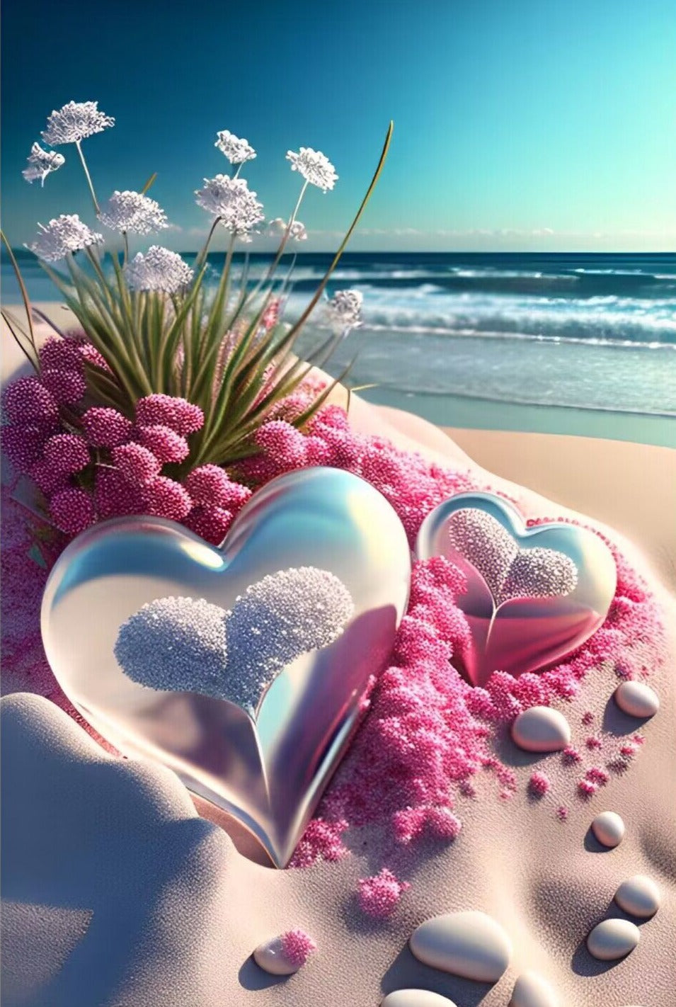 Diamond Painting - Twee harten op het strand
