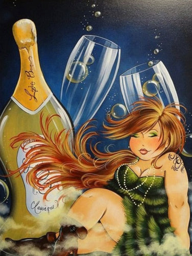 Diamond Painting - Mollige Dame met Grote Champagnefles
