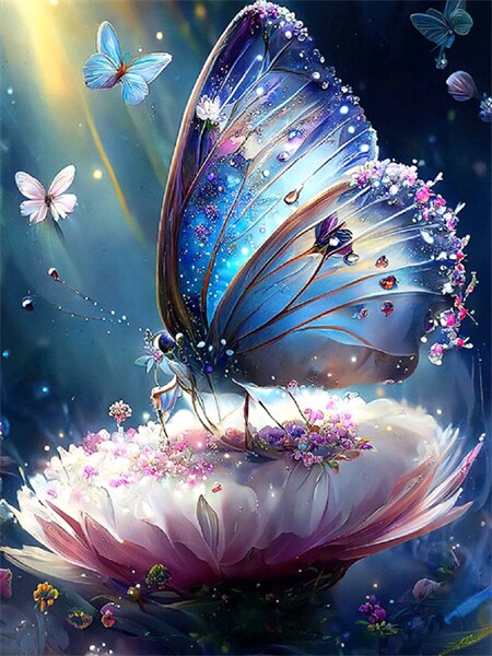 Diamond Painting - Blauwe vlinder op roze bloem