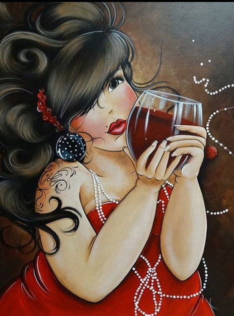 Diamond Painting - Mollige Dame met Rode Wijn 
