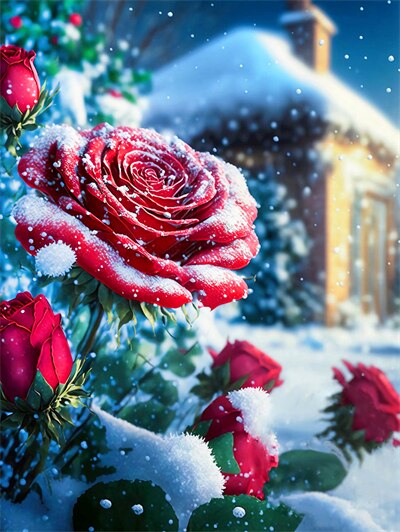 Diamond Painting - Rode roos in de sneeuw