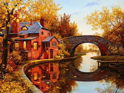 Diamond Painting - Huis met Brug in de Herfst