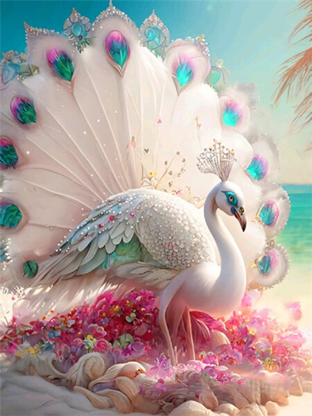 Diamond Painting - Witte Pauw tussen de Schelpen