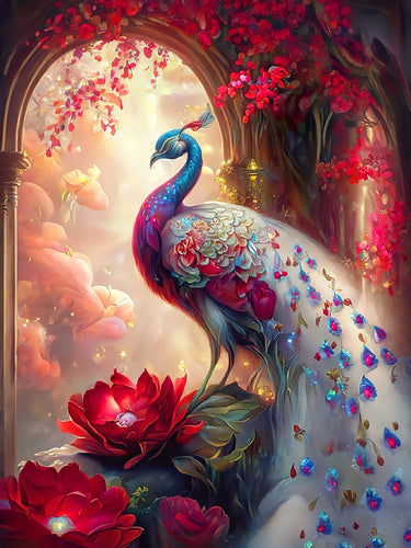 Diamond Painting - Pauw met Rode Bloemen