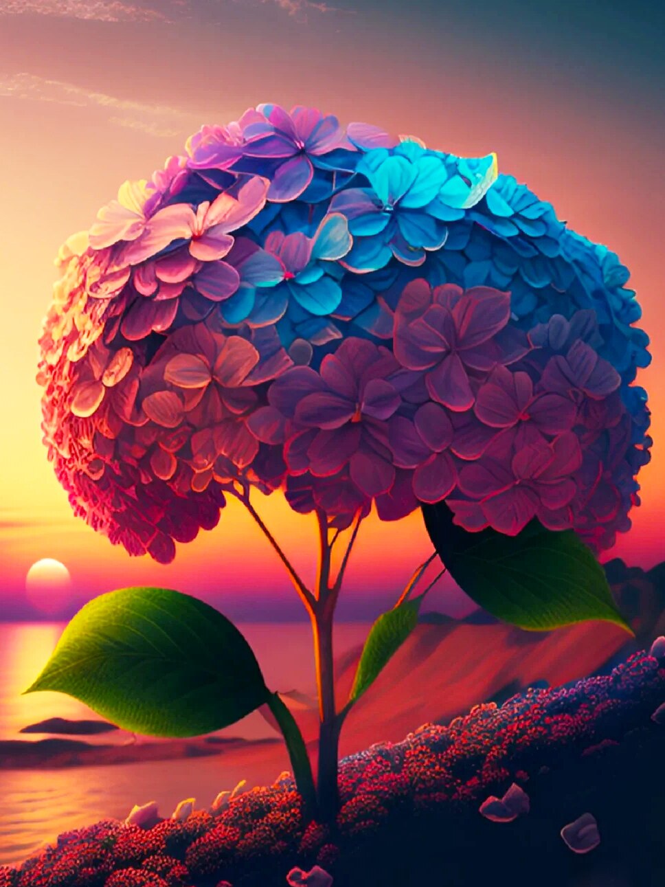 Diamond Painting - Hortensia met Zonsondergang