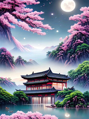 Diamond Painting - Japanse Tempel tussen de Bergen