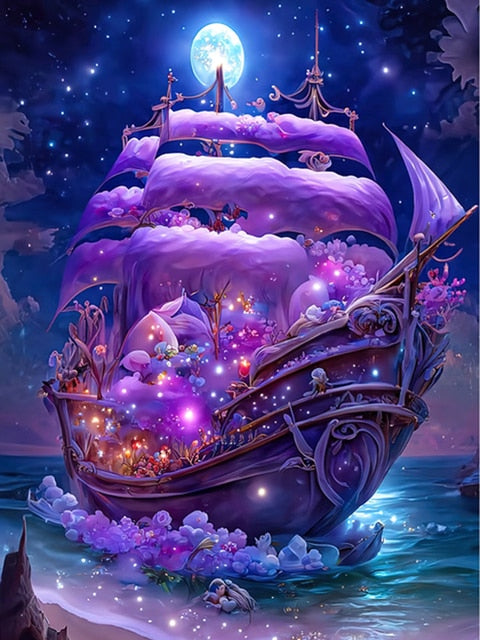 Diamond Painting - Paarse Schip met Maan