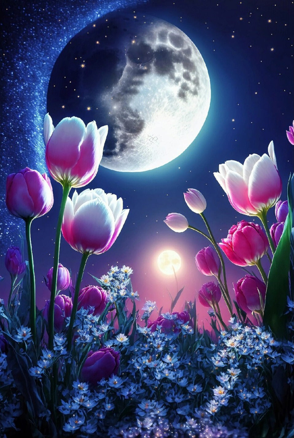 Diamond Painting - Bloemen bij Maanlicht