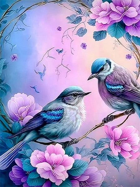 Diamond Painting - Vogels met Roze Bloemen