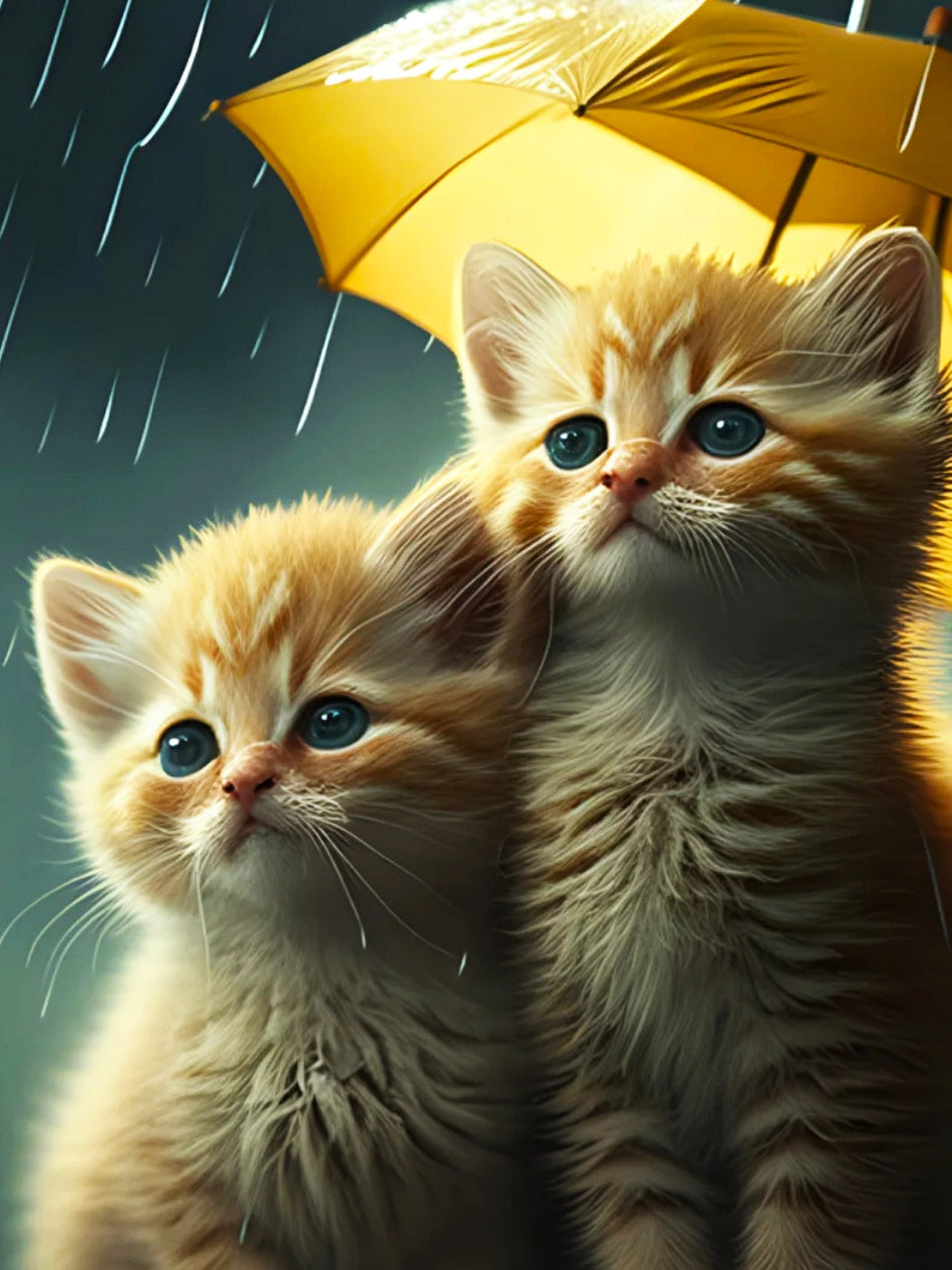Diamond Painting - Kittens onder  Gele Paraplu