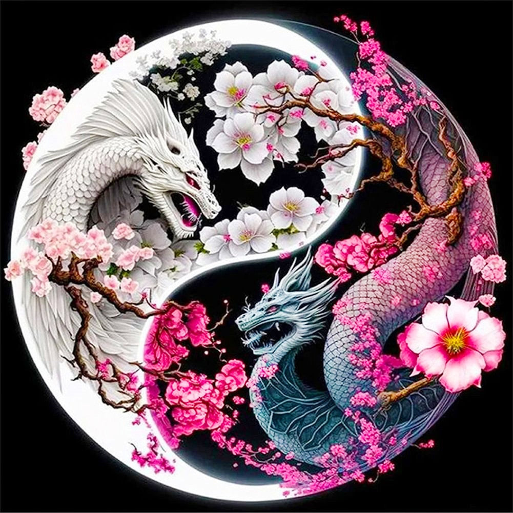 Diamond Painting - Yin Yang Draken met Bloemen