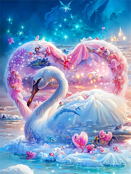Diamond painting - witte zwaan met roze hart