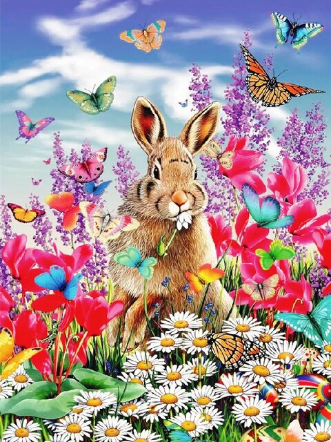 Diamond Painting - Haas tussen de Gekleurde Bloemen