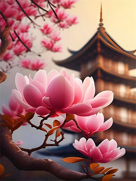 Diamond Painting - Roze Magnolia met Tempel