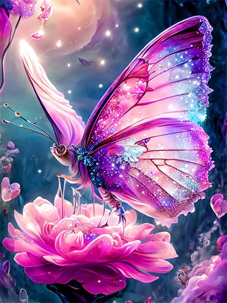 Diamond painting - roze vlinder op roze bloem