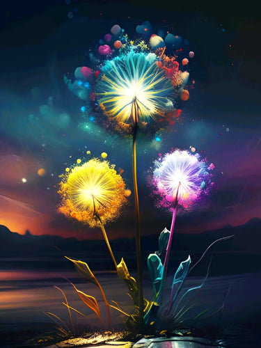 Diamond Painting - Gekleurde Paardenbloemen in de Nacht