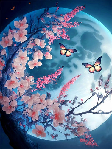 Diamond Painting - Grote Maan met Bloesem en Vlinders