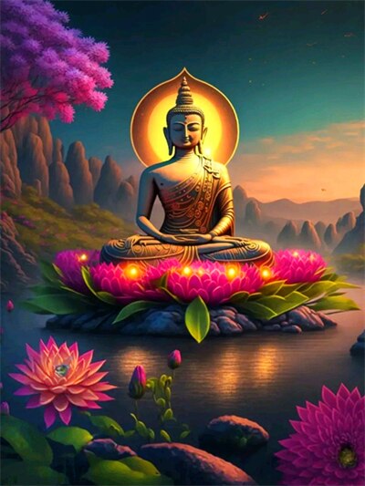 Diamond Painting - Boeddha op Lotussen