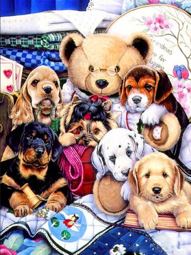 Diamond Painting - Puppy's met Teddybeer - Diamond Paradijs