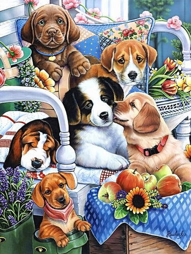 Diamond Painting - Puppy's op de Bank - Diamond Paradijs
