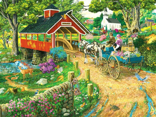 Diamond Painting - Paardenwagen over Brug - Diamond Paradijs