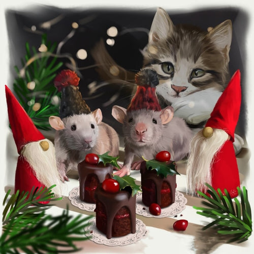 Diamond Painting - Kerst Kat met Muizen - Diamond Paradijs