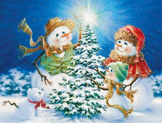 Diamond Painting - Sneeuwpoppen bij de Kerstboom